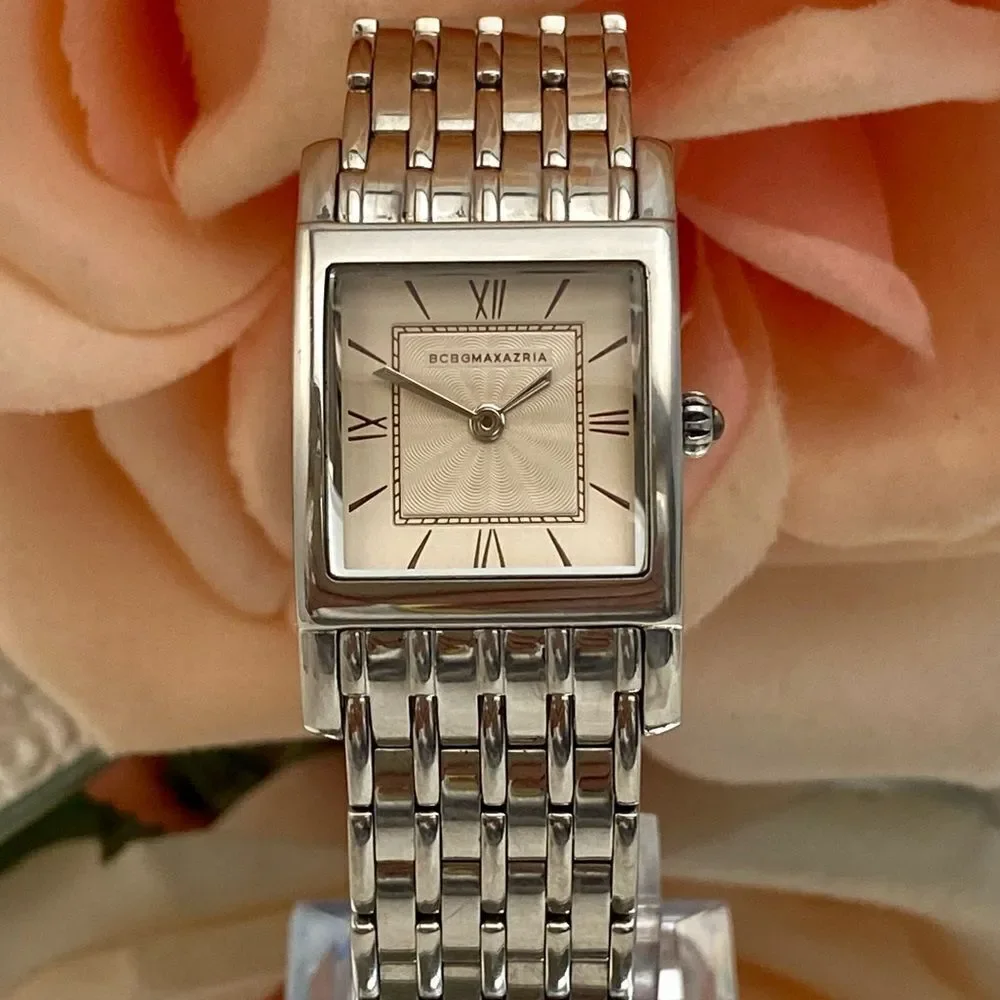BCBGMaxAzria Stainless Steel Tank Style Dress Watch Roman Numerals